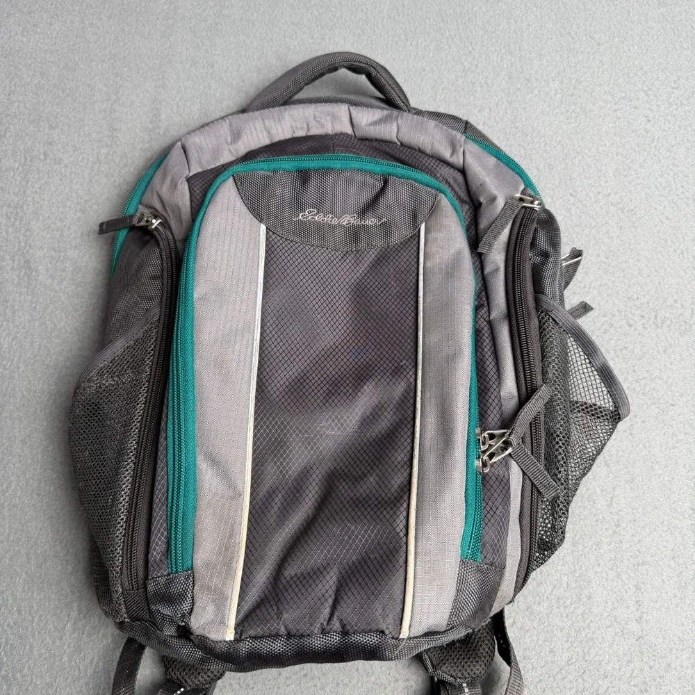 Eddie‎ Bauer Backpack Gray Teal Ripstop Insulated Pocket Hiking Travel Daypack